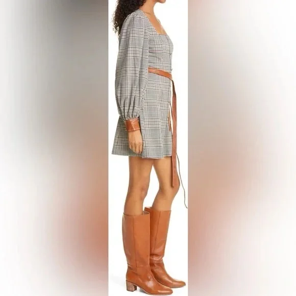 STAUD ‘Oz’ Checkered Long Sleeve Dress with Leatherette Details - Picture 6 of 16